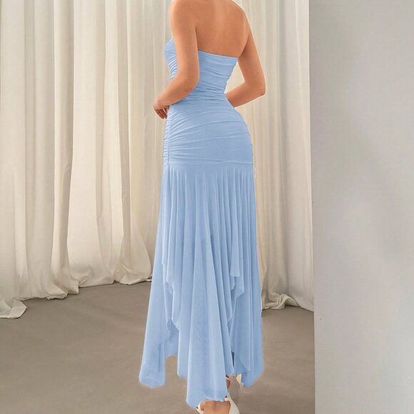 Blue Elegant Women's Irregular Hem Ruffle Trim Date & Wedding Season Dress - Picture 2 of 5